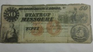 1860 50 Dollar State Of Missouri Defense Bond Note Currency Obsolete Fifty