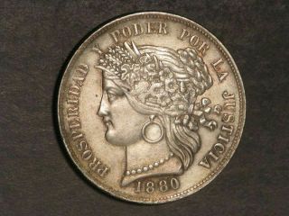 Peru - Provisional Govt.  1880bf 5 Pesetas Silver Crown Xf