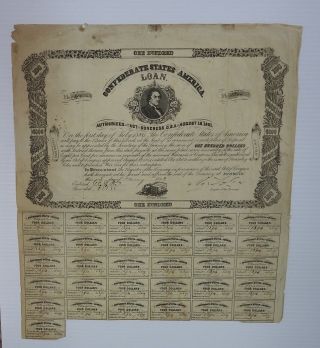 1861 Confederate Civil War $100 Bond With Coupons