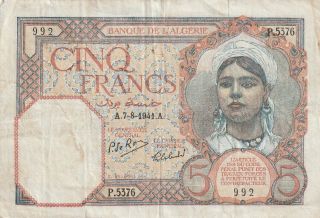 Algeria 5 Francs Banknote 7.  8.  1941 P.  77b Fine