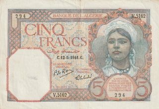 Algeria 5 Francs Banknote 12.  5.  1941 P.  77b Good Fine