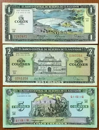 El Salvador Set 1,  2,  5 Colones Vf Years 1976 - 1978 - 1990
