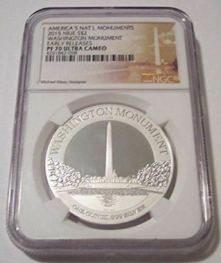 Niue 2015 1 Ounce Silver 2 Dollars Washington Monument Proof Pf70 Uc Ngc Er