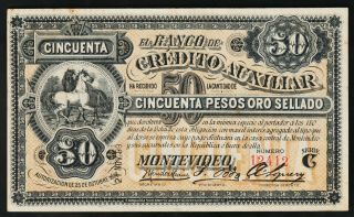 Uruguay Banco De Credito Auxiliar,  50 Pesos 1887,  Round Stamp,  Xf.