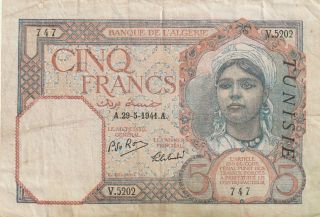 Tunisia 5 Francs Banknote 29.  5.  1941 P.  8b Almost Fine