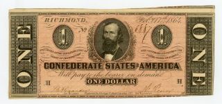 1864 T - 71 $1 The Confederate States Of America Note - Civil War Era Au