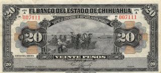 México / Chihuahua 20 Pesos Nd.  1913 M97a Series A Circulated Banknote M28