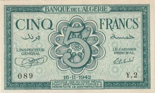 Algeria 5 Francs Banknote 16.  11.  1942 P.  91 Extremely Fine