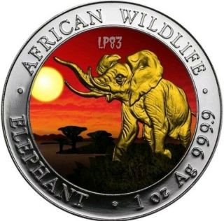 2016 1 Oz Silver African Elephant At Sunset Coin With 24k Gold Gilded.