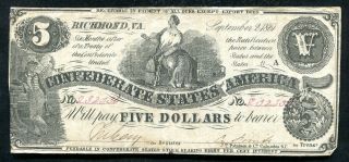 T - 36 1861 $5 Five Dollars Csa Confederate States Of America Currency Note (c)