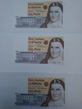 Series C Irish Ireland 3 X 5 Pound Notes Dated January 16,  1997,  Sequential 
