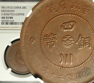 ✪ 1912 (year - 1) China Republic Szechuan 20 Cash Bronze Ngc Au 53 Bn