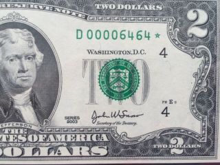 Scarce 2003 $2 Two Dollar Low Print Star Note Cleveland Currency Paper Money Unc