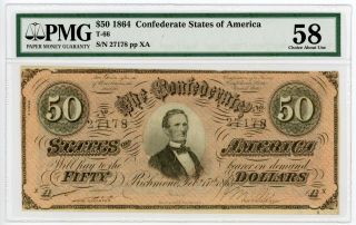 1864 T - 66 $50 The Confederate States Of America Note - Civil War Era Pmg Au 58