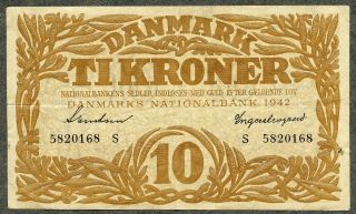 Denmark 10 Kroner 1942 Prefix S Vf