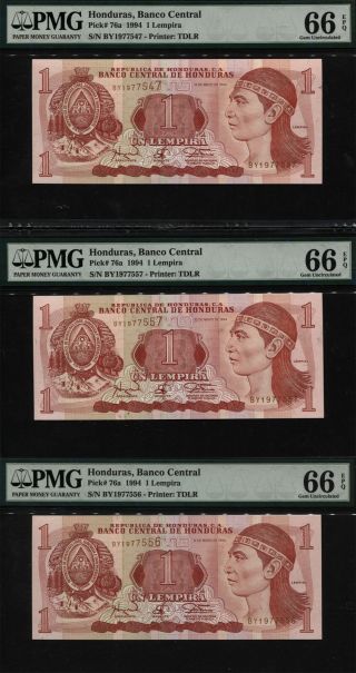 Tt Pk 76a 1994 Honduras Banco Central 1 Lempira " Lempira " Pmg 66q Gem Set Of 3