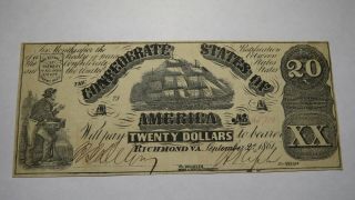 $20 1861 Richmond Virginia Va Confederate Currency Bank Note Bill Civil War T18