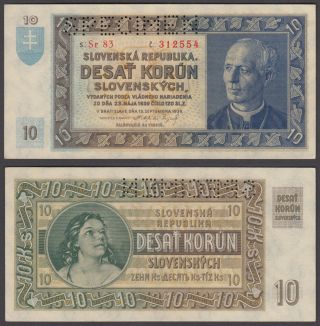 Slovakia 10 Korun 1939 (au) Crisp Banknote Specimen P - 4s