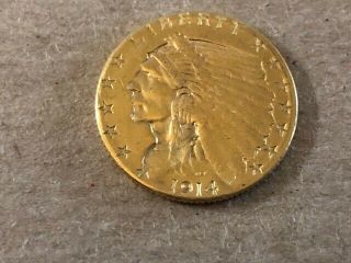 1914 - D Indian Head $2.  50 Gold Coin GREAT RAW COIN UIT 2