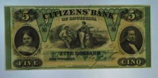 1860 $5 Citizens Bank Of Louisiana Orleans Obsolete Currency Cu070/rh