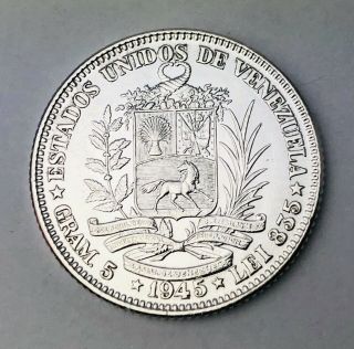 1945 Venezuela 1 One Bolivar Silver (. 835) Coin Y 22a