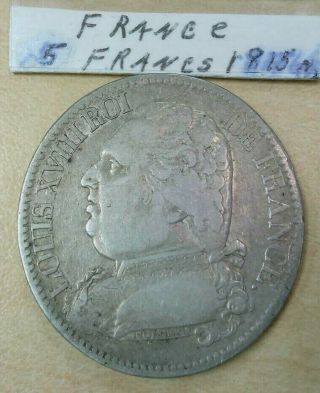 1815 M King Of France Louis Xviii 5 Franc Silver Coin Toulouse