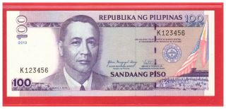 2010 Philippines 100 Peso Nds Arroyo Single Prefix Ladder No.  K 123456 Unc