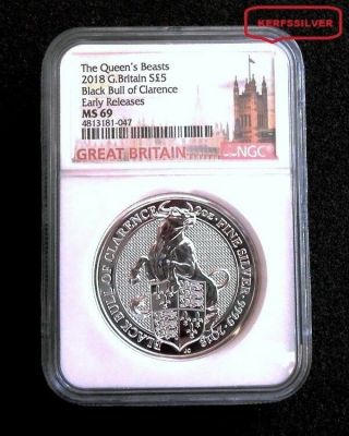 2018 Britains Queen Beast 2 Oz.  Silver Black Bull - Ms69 Ngc Castle Label Coin