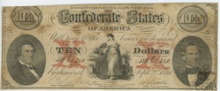 1861 Confederate States Of America Richmond Ten Dollars $10 Note Type 26
