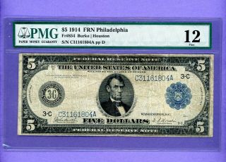 1914 $5 Federal Reserve Bank Of Philadelphia Burke/huston Pmg - 12 Fine