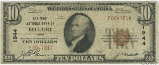 1929 Series National Bank Currency Bellaire Ohio $10 Note Ch 1944 Type 1 Vg