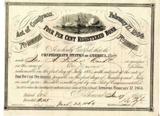 1864 Confederate Bond $100 Css Virginia Sinking Uss Cumberland March 8,  1862
