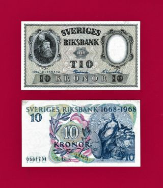 Scarce Sweden Notes 10 Kronor 1962 (p - 43),  & 10 Kronor 1968 (p - 56) Commemorative