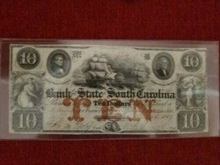 1859 Bank Of The State Of South Carolina $10 Obsolete " Red Note " Battling Ships