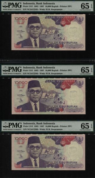 Tt Pk 131f 1992 / 1997 Indonesia 10000 Rupiah " Sir Buwono Ix " Pmg 65q Set Of 3
