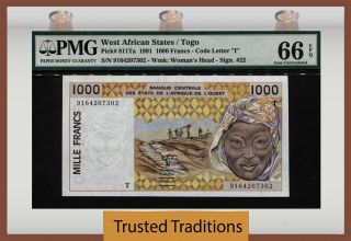 Tt Pk 811ta 1991 West African States / Togo 1000 Francs Pmg 66 Epq Gem Unc