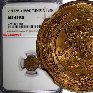 Tunisia Tunis Copper Ah1281 (1864) 1/4 Kharub Ngc Ms65 Rb Gem Bu Km 153