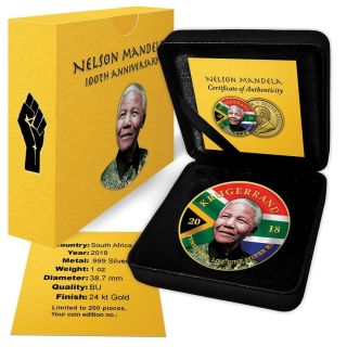 Nelson Mandela - 2018 1 Oz South African Silver Krugerrand Colorized And Gilded