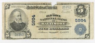 1902 Pb $5 National Banknote Currency Baltimore Maryland - Fine Details (752)