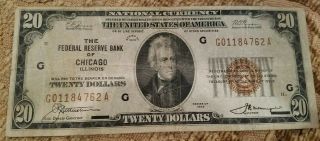 1929 $20 Twenty Dollar Bill Chicago Federal Reserve National Currency Brown Seal