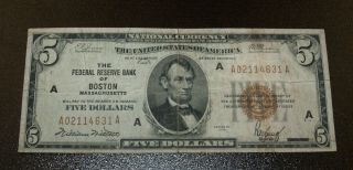 1929 $5 Boston National Currency Note