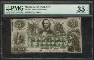 1862 $3 State Of Missouri,  Jefferson City Banknote Pmg 35 Choice Very Fine Epq