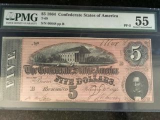 Pmg $5 1864 Confederate States Of America Banknote T69 (ref28)