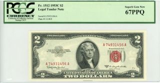 1953 - C Fr.  1512 $2 United States Legal Tender Note - Pcgs Sup.  Gem 67 Ppq