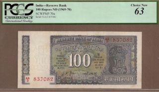 India: 100 Rupees Banknote,  (unc Pcgs63),  P - 70a,  1969 - 70,