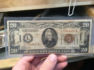 1934 A $20 Dollar Bill Hawaii Federal Reserve Note Wwii Emergency