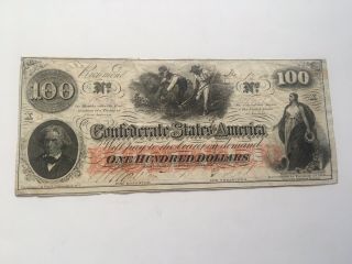 $100 Confederate States Of America Note 1862 Stamped On Reverse