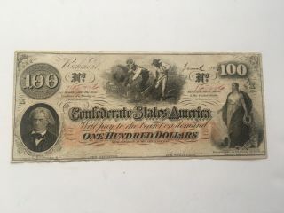 $100 Confederate States Of America Currency Note - 1863 - Stamped On Reverse
