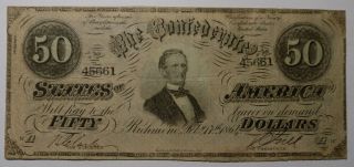 1864 Confederate States Of America $50 Banknote T - 66 Crisp Vg To Fine