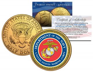U.  S.  Marine Corps Emblem 24k Gold Plated Jfk Half Dollar U.  S.  Coin Military